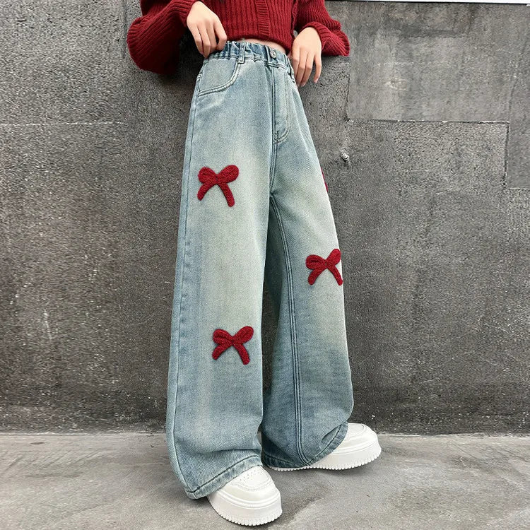 Bow Print Lining Plush Wide-Leg Denim Pants