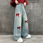 Bow Print Lining Plush Wide-Leg Denim Pants
