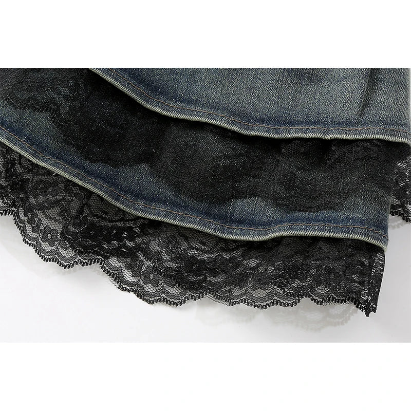 Ruffled Denim Skirt with Layered Lace Detail