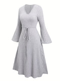Elegant Flared Sleeve Ribbed V-Neck Dress