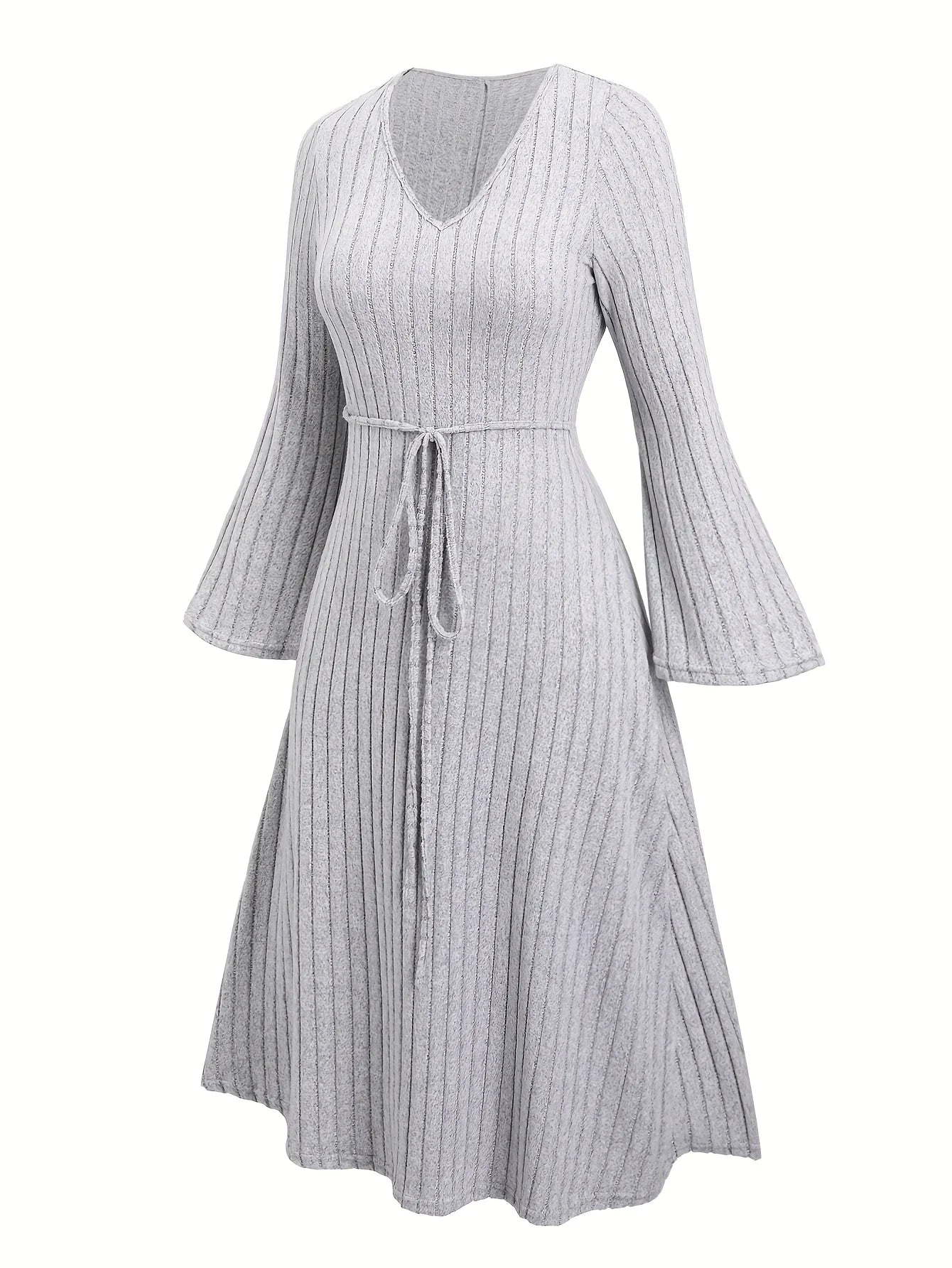 Elegant Flared Sleeve Ribbed V-Neck Dress