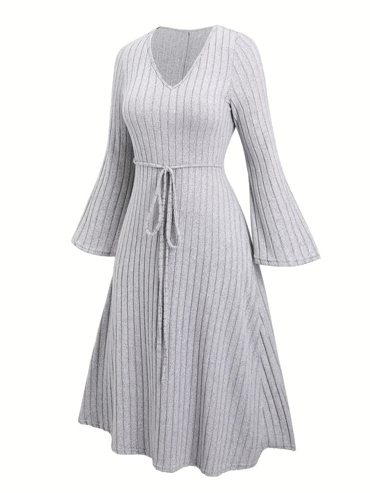 Elegant Flared Sleeve Ribbed V-Neck Dress