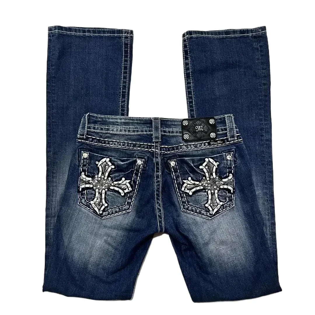 Denim Embroidery Pocket Wide Jeans