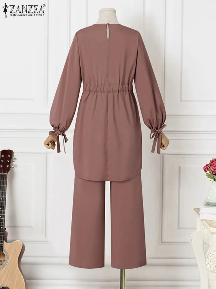 2024 ZANZEA Women Long Sleeve Blouse Pant Suits Fashion Abaya Hijab Tracksuits IsIamic Clothing 2PCS Vintage Autumn Muslim Sets