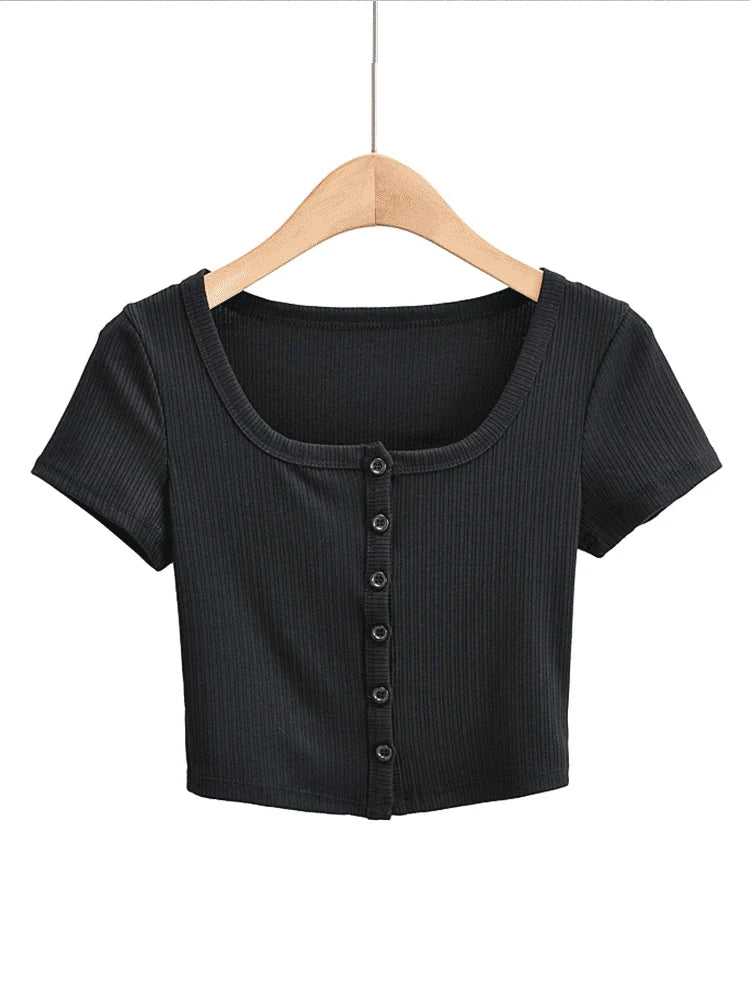 Rib Button Through Short Sleeve Top