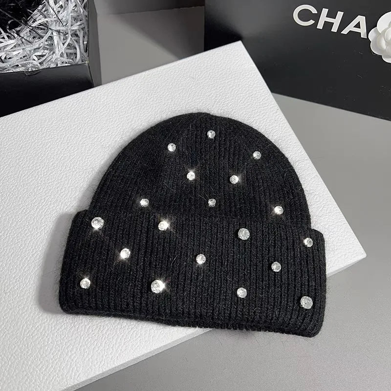 Luxury Rhinestone Rabbit Hair Knitted Beanie