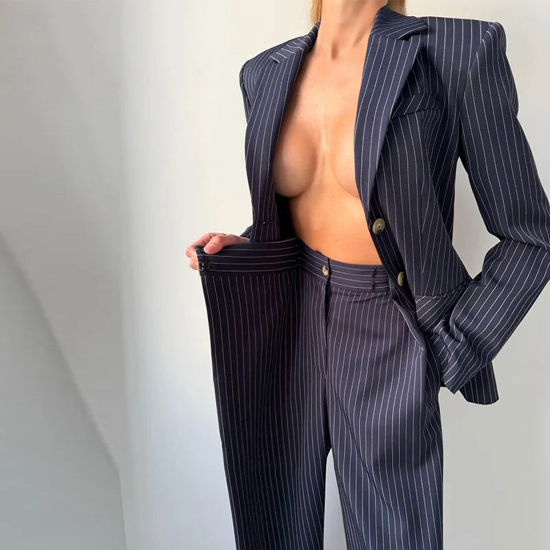 Backless Tie Waist Pinstripe Blazer Set