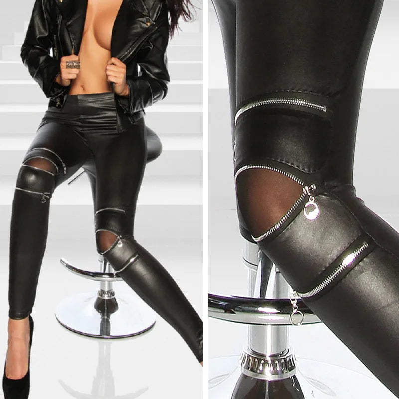 PU Leather Stretch Skinny Zipper Knee Legging