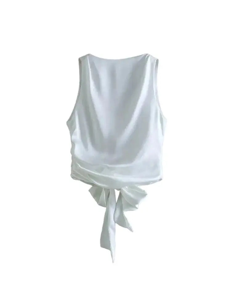 Tied Satin Back Open Crop Blouse