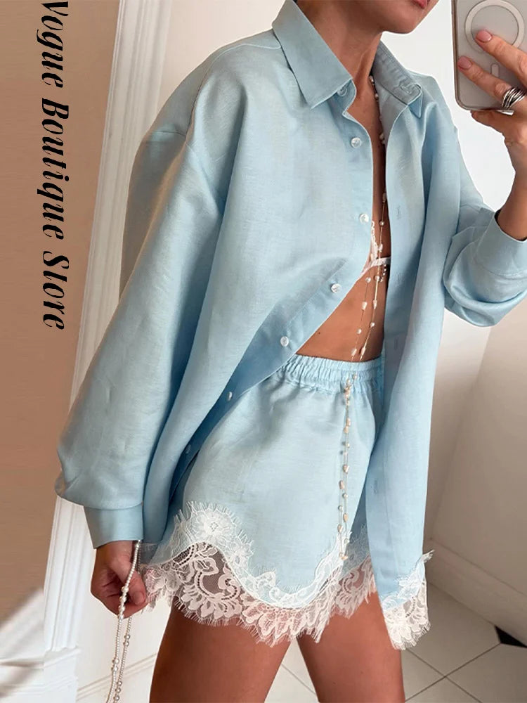Casual Lace Patchwork Shirt Shorts Set