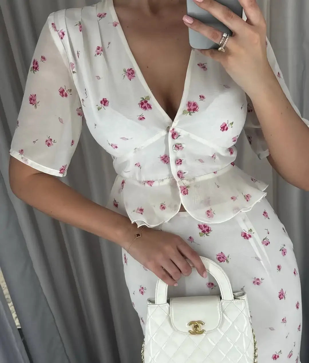 Floral Print V-Neck Peplum Top and Matching Fishtail Midi Skirt Set