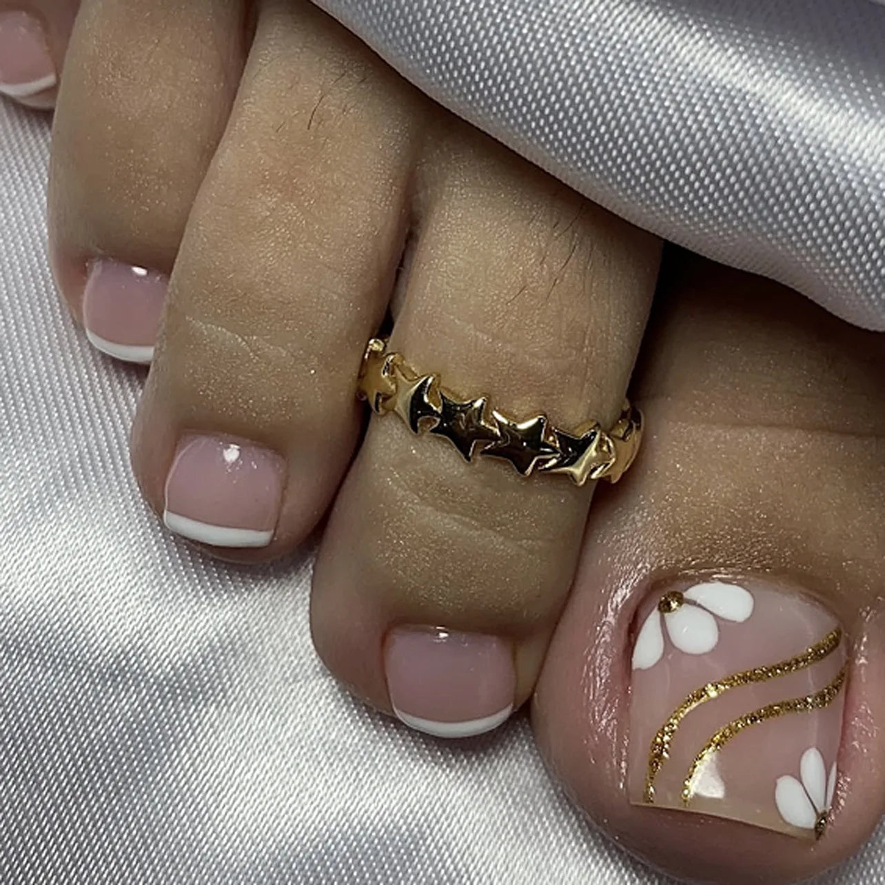 24pcs Shiny White False Toenails with Glitter Powder Design Square Fake Toe Nails Women Wearable Full Cover Press on Toenails