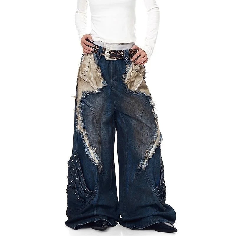 Washed Patchwork Baggy Ripped Jeans