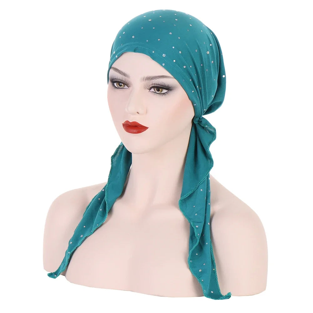 Shiny Glitter Elastic Solid Color Pre-Tied Hijabs Wrap Head Scarf Muslim Turban Bonnet for Women Inner Hat Turbantes Caps Mujer