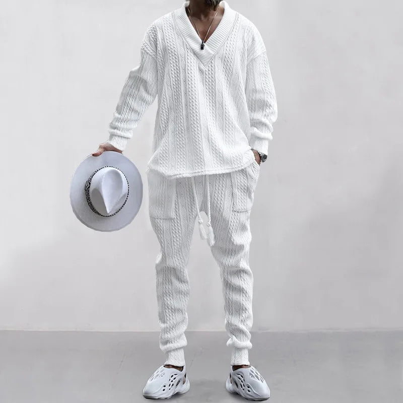 Casual Trousers V-Neck Versatile Jacquard Knitted Sweater Set