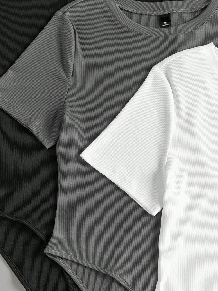 (3pcs) Round Neck Short Sleeve Bodysuit Set