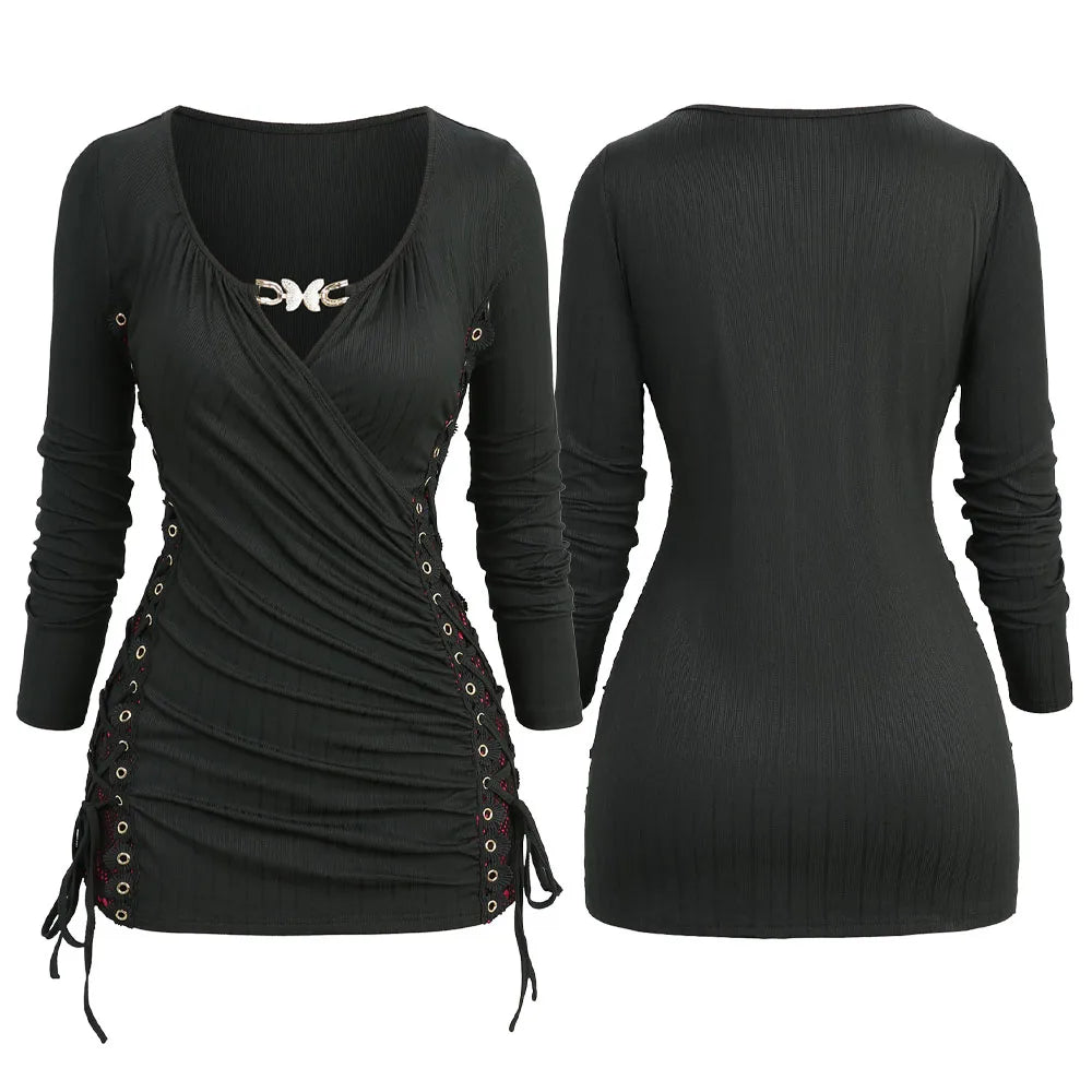 Surplice Butterfly Buckle Long Sleeves Top