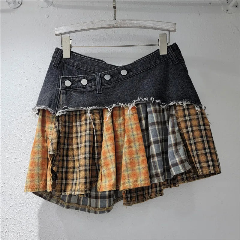 Plaid Denim Patchwork Irregular A-Line Mini Skirt