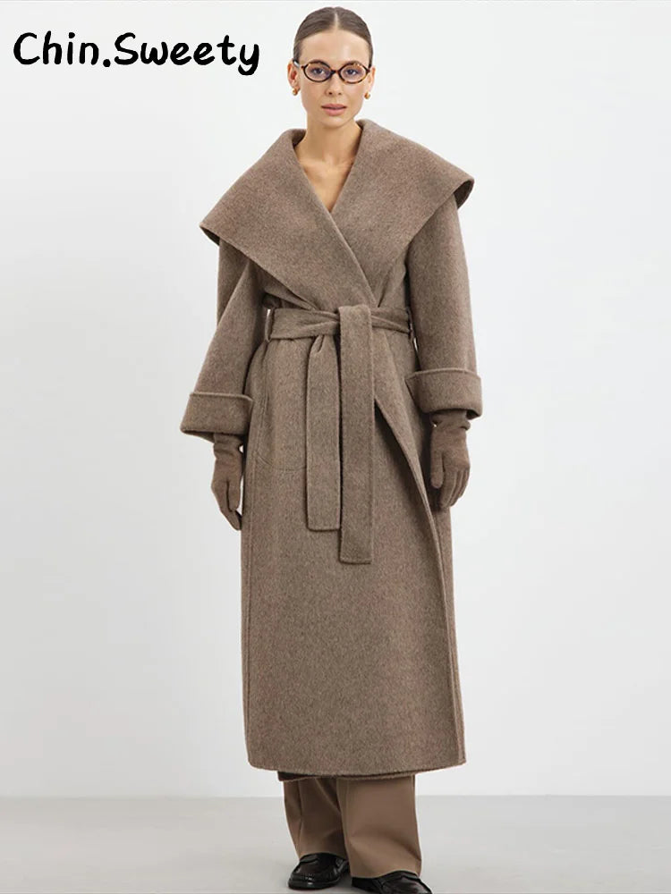 Shawl Collar Woolen Coat With Belt