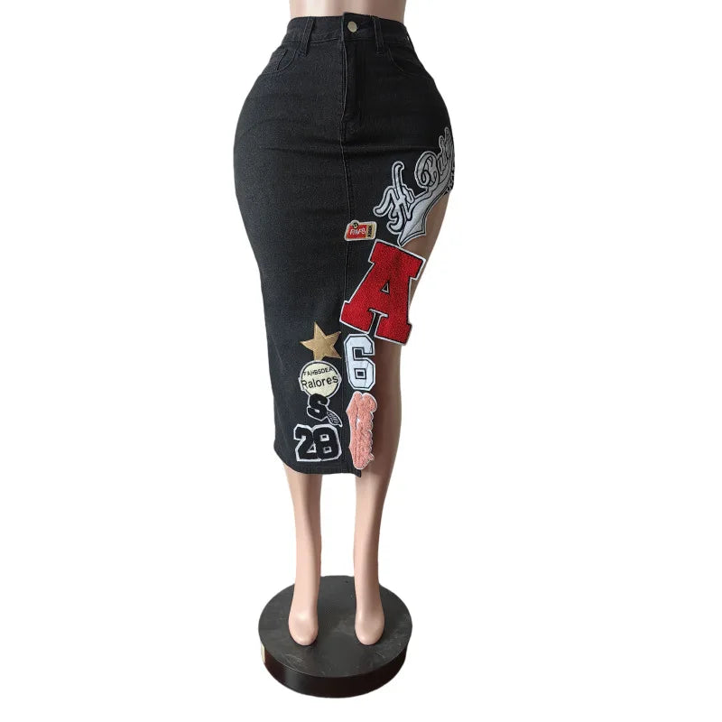 Letter Embroidery Asymmetrical Denim Skirt