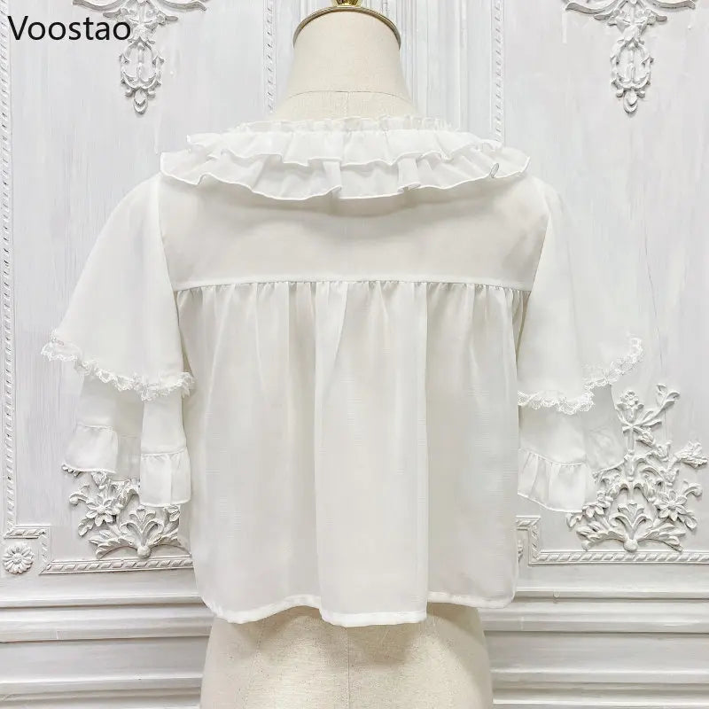 Bow Lace Ruffles O-Neck Short Shirt