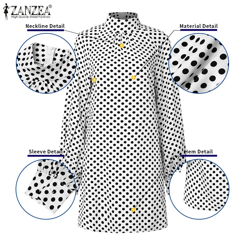 ZANZEA Turtle Neck Puff Sleeve Polka Dot Print Knee Length Dress