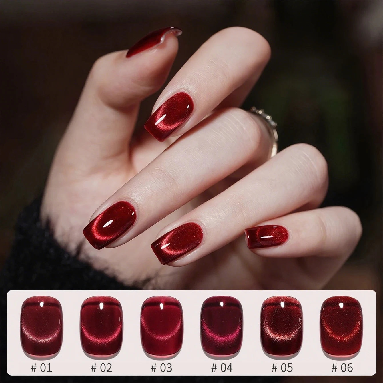 10ML 1-8PCS Red Cat Eye Nail Polish Red Nails 2026 New Cherry Wine Deep Red Glass Bead Magnet Cat Eye Spear Crystal Gel