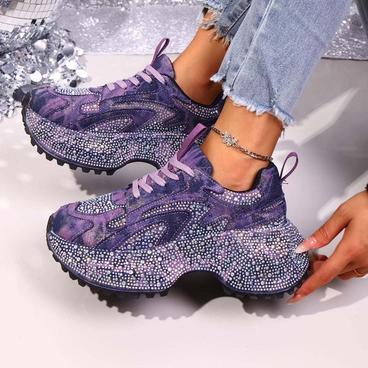 Crystal Lace-Up Platform Sneakers