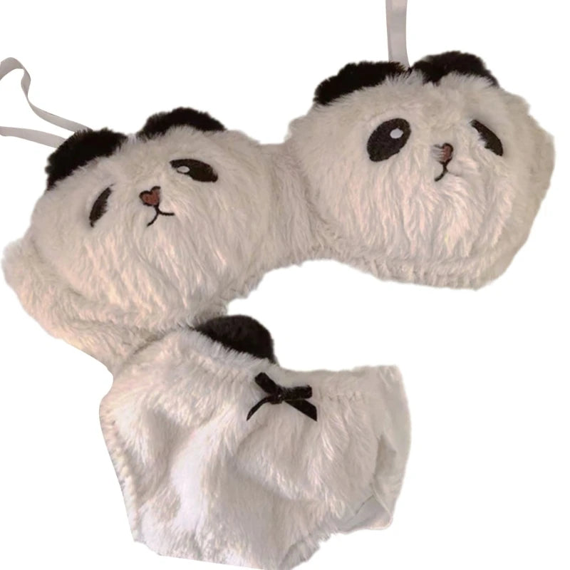 Cartoon Furry Panda Shape 2Pcs Women's Plush Bras and Panty Set Young Lady Japanese Lolita Style Underwear for Cosplay Party