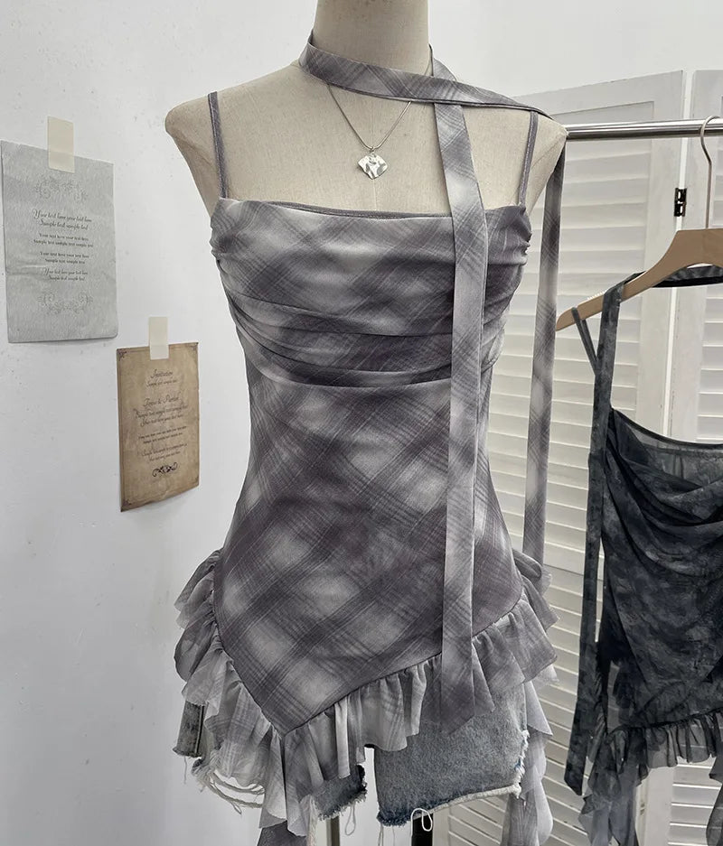 Plaid Printed Mesh Spaghetti Strap Camisole