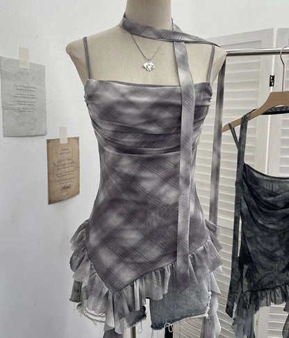 Plaid Printed Mesh Spaghetti Strap Camisole
