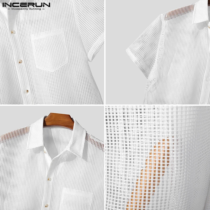 INCERUN メンズセット メッシュ ホローアウト シースルー ラペル 半袖シャツ＆ショートパンツ 2点セット ストリートウェア セクシー メンズ カジュアルスーツ