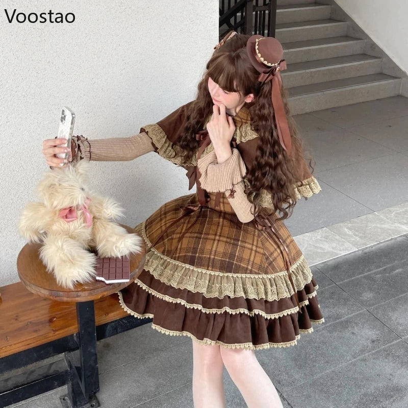 Lace Bow Peter Pan Collar Cloak Top Plaid Mini Dress Set