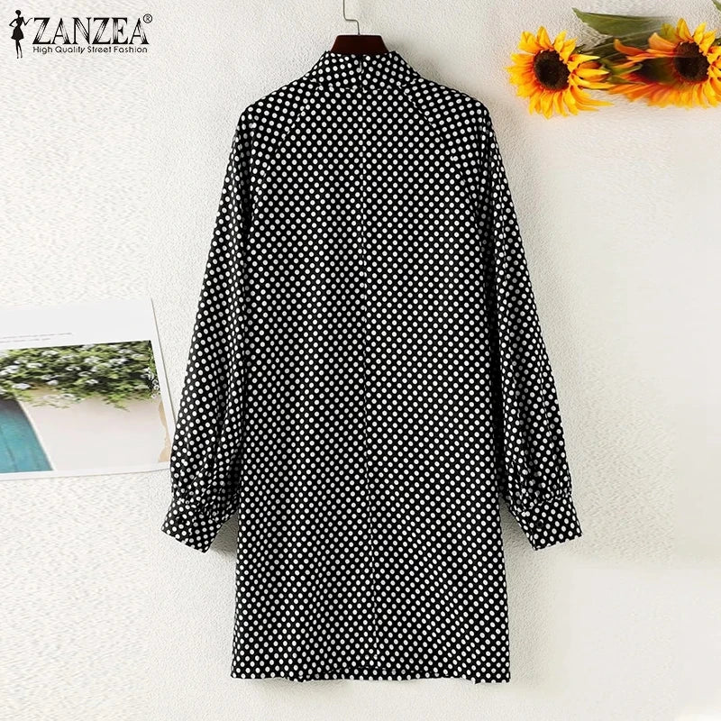 ZANZEA Turtle Neck Puff Sleeve Polka Dot Print Knee Length Dress
