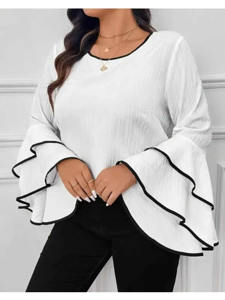 Loose Solid Color Crew-neck Flared Long-sleeved Top