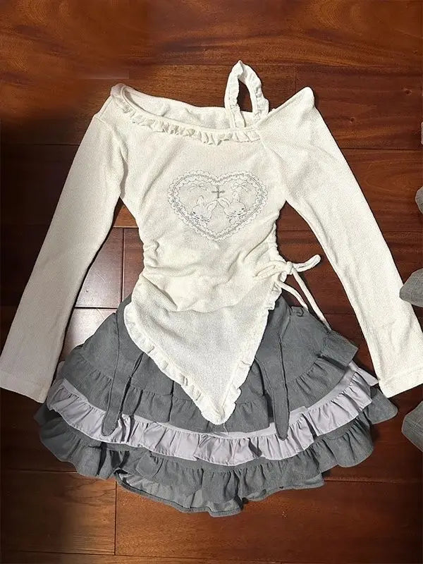 Irregular Bandage Sweet Ruffle T-Shirt + Patchwork Mini Cake Skirt