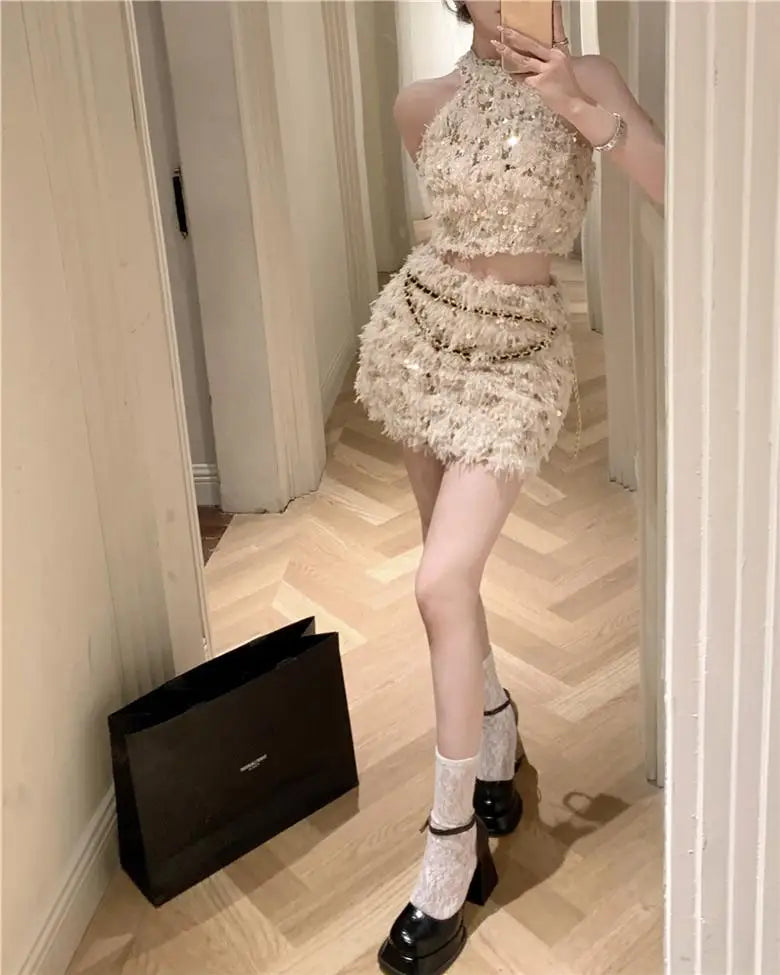Halter Neck Sequin Top Half Body Hip Short Skirt Set