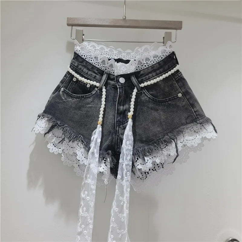Crochet Lace Trim Slimming Raw Hem Denim Shorts + Pearl Belt