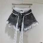 Crochet Lace Trim Slimming Raw Hem Denim Shorts + Pearl Belt