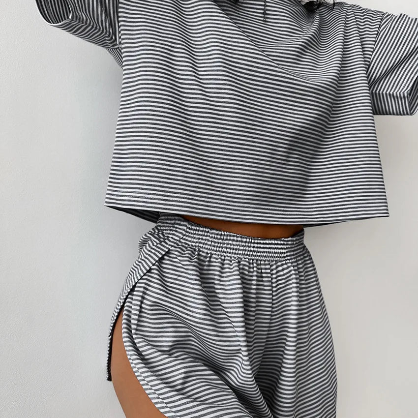 Knitting Stripes Pajamas Short Sleeve Shorts Set