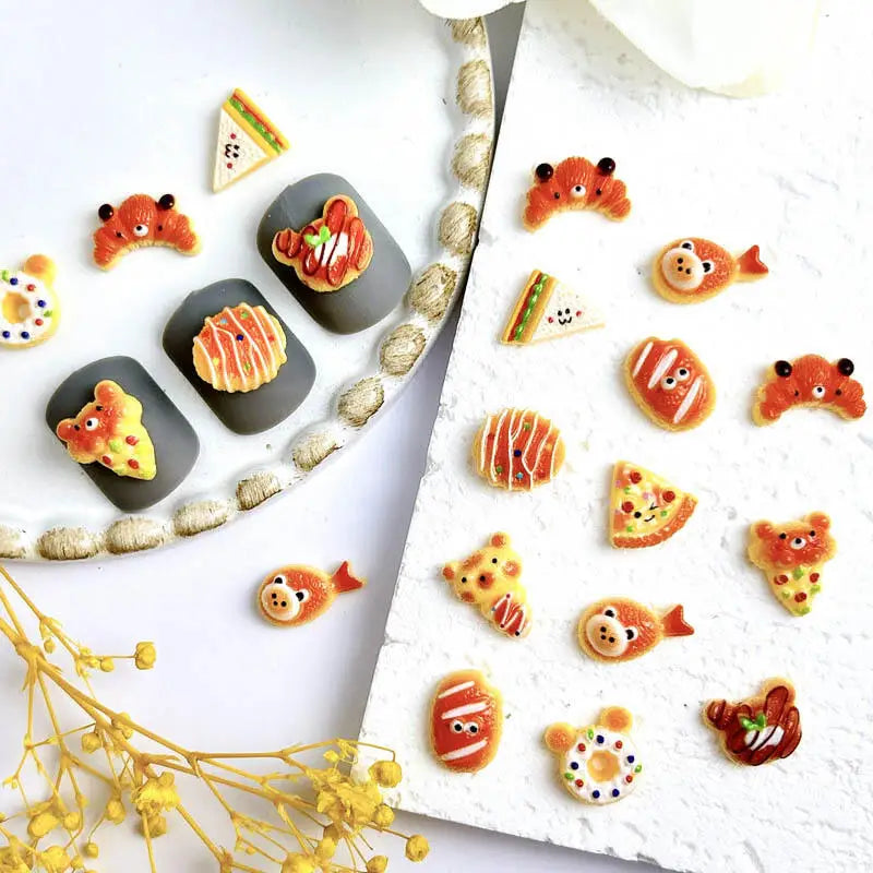 30PCS Simulated Salad Bread Donut Nail Charms Creative Cute Bear Cowhorn Sandwich Desserts Resin Nail Art Decorations DIY Nails