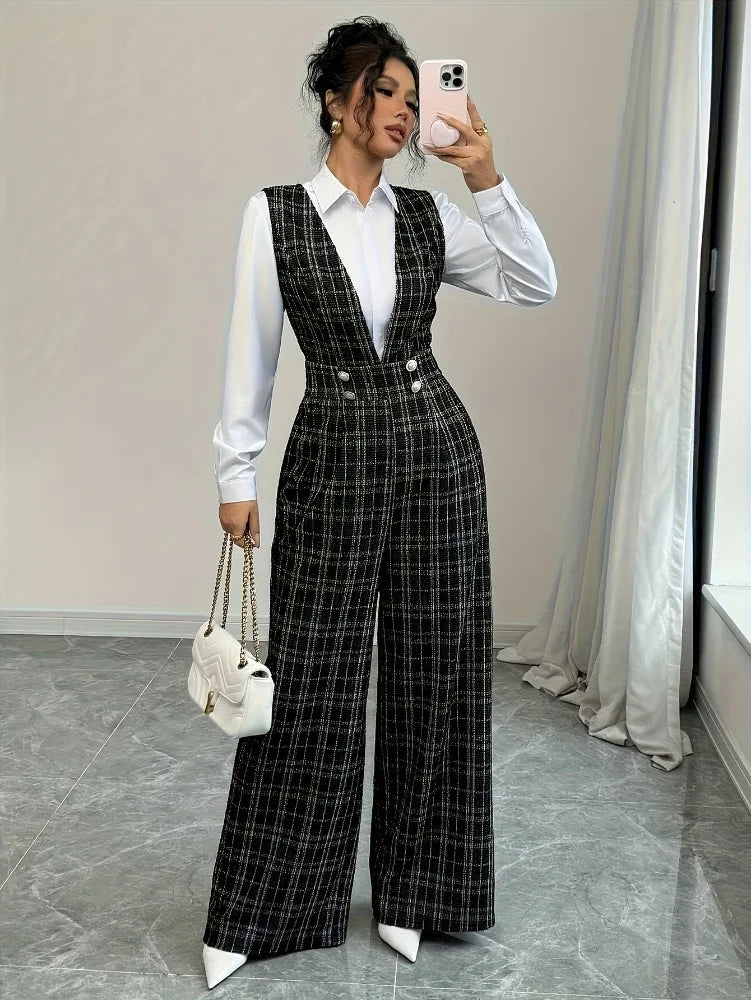 High Waist Wide Leg Plaid Tweed Jumpsuit