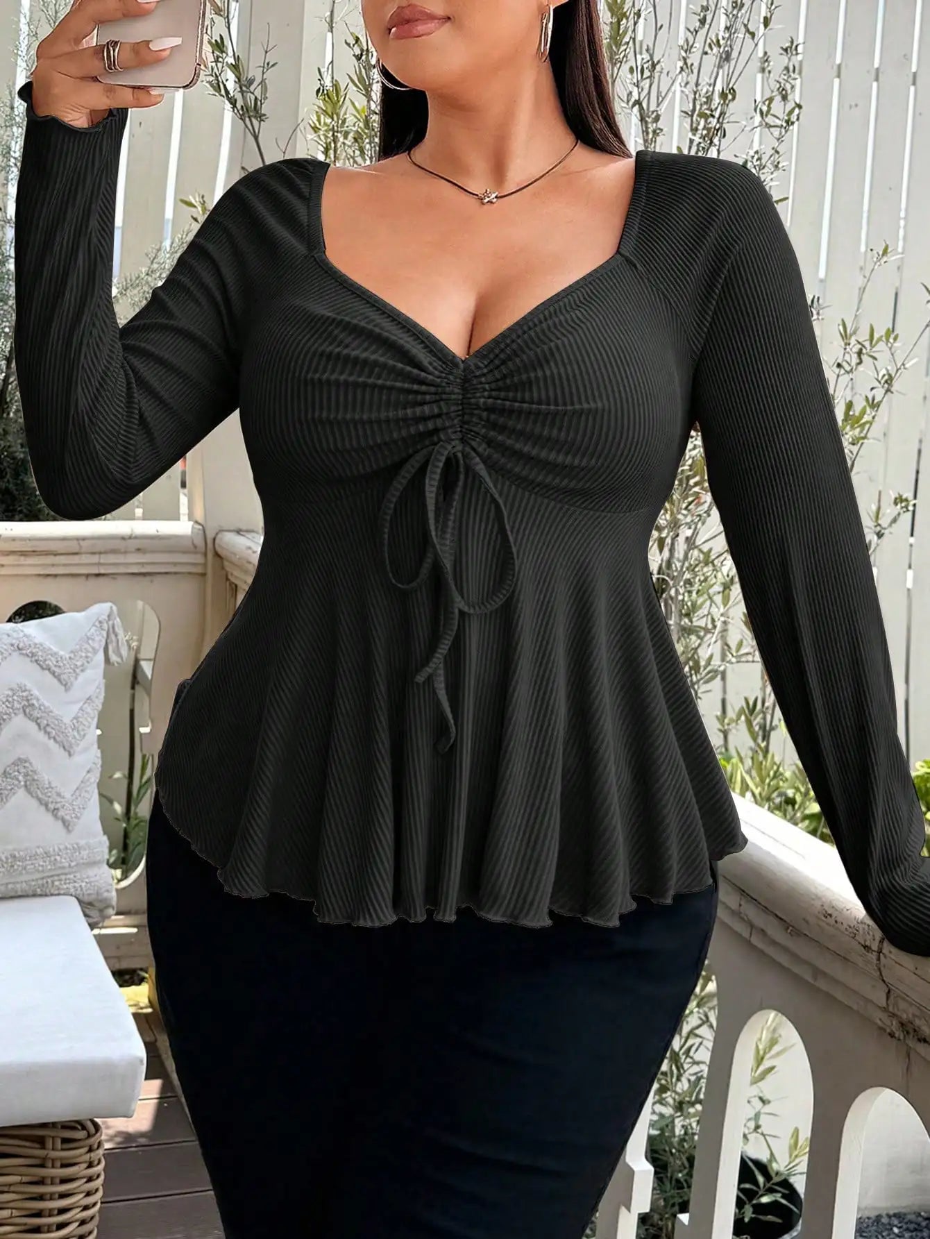 Ribbed Knit Ruched Bust Peplum Top with Long Sleeves