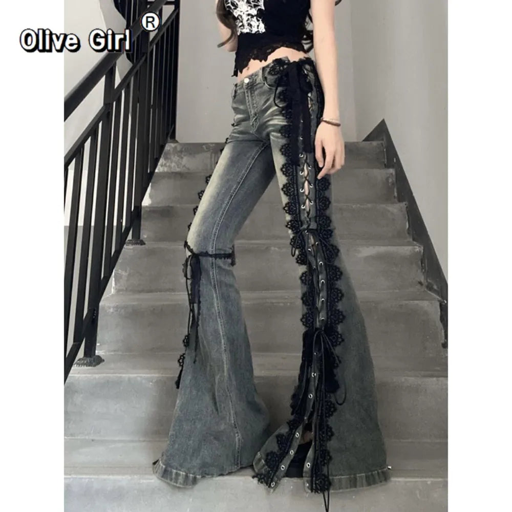 Low-Rise Lace-Up Flare Jeans with Vintage Wash and Black Lace Trim