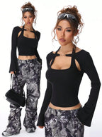 Halter Neck Chain Button Long Sleeve Faux Two-Piece Top