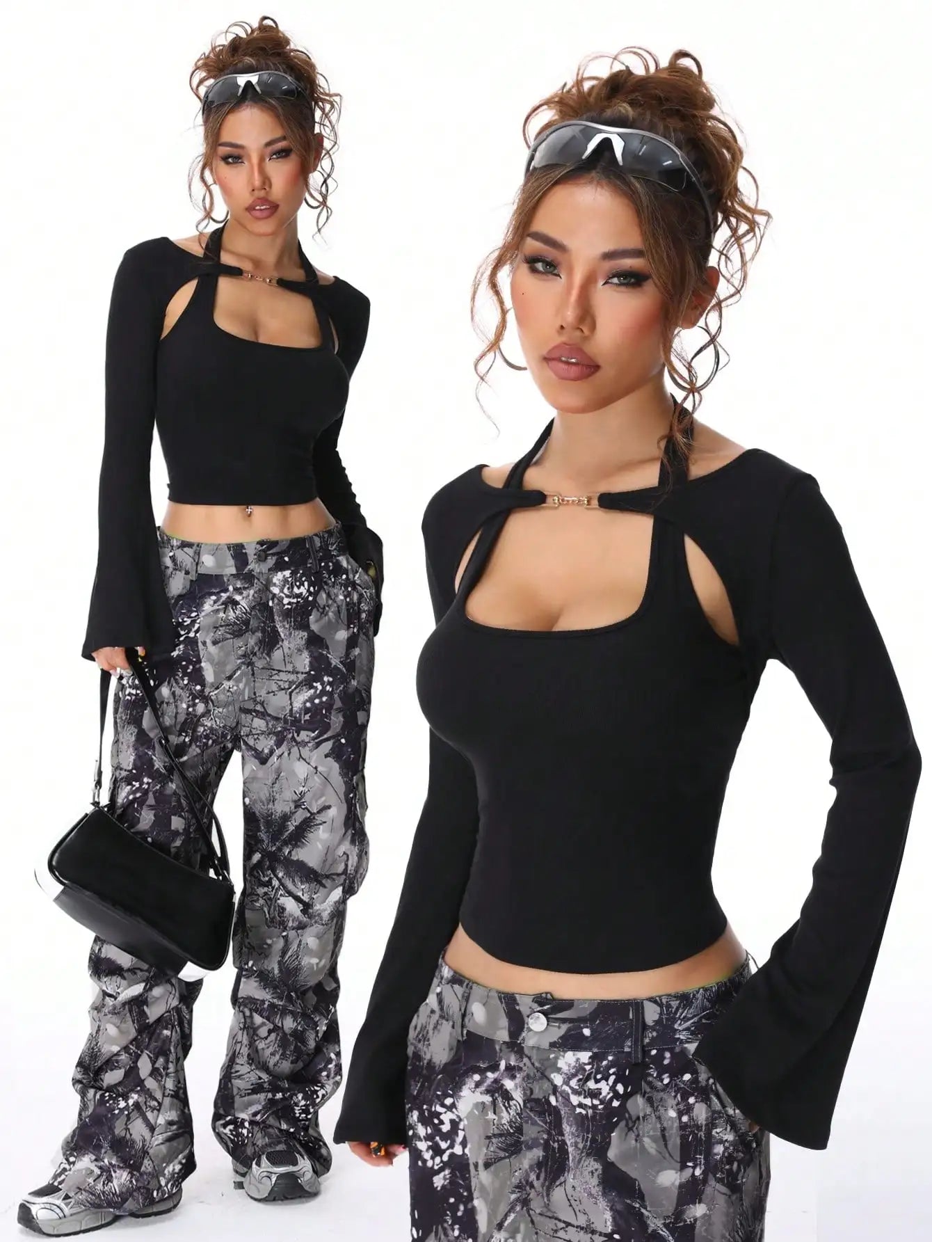 Halter Neck Chain Button Long Sleeve Faux Two-Piece Top