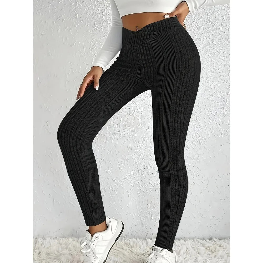 Solid Color Striped Leggings