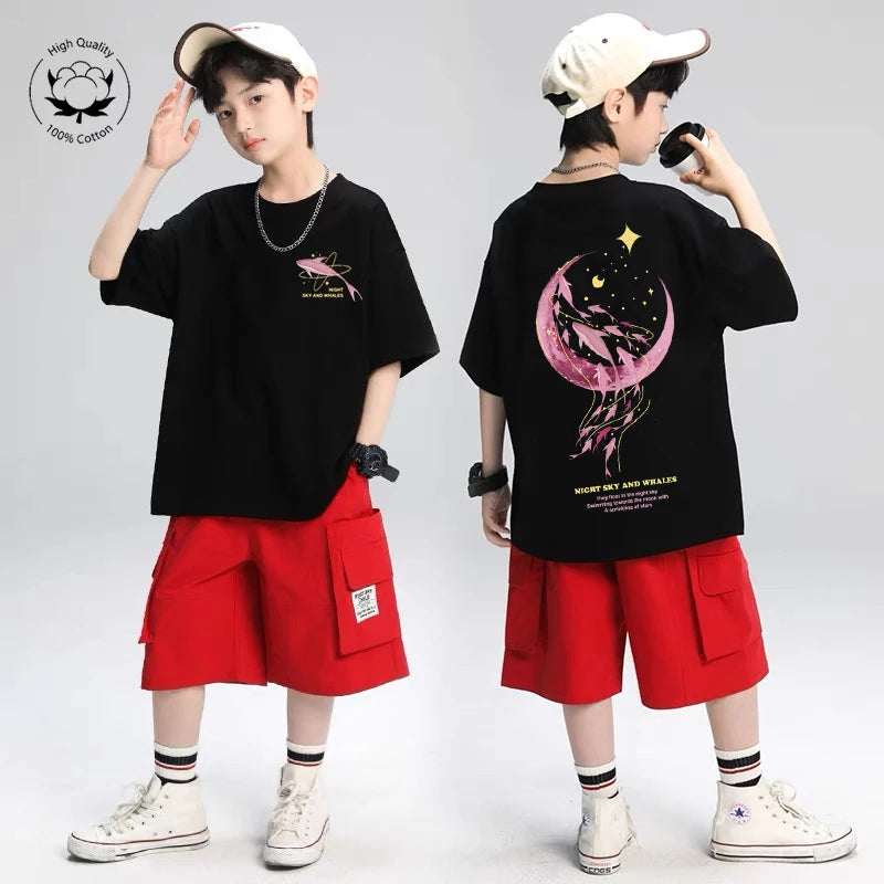 韓国子供服 2025年夏 Tシャツ クジラ漫画柄トップス ファッション 男の子 半袖 綿Tシャツ 女の子服