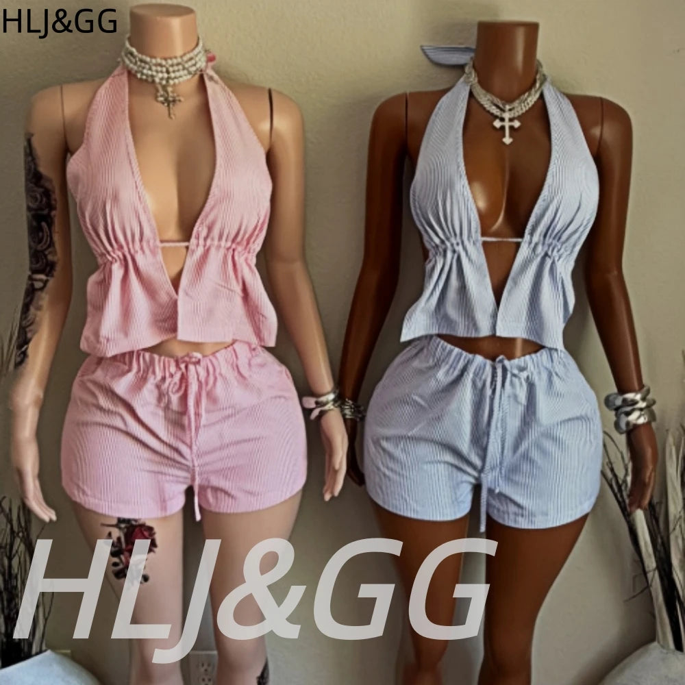 HLJ&GG Stripe Print Halter Two Piece Set