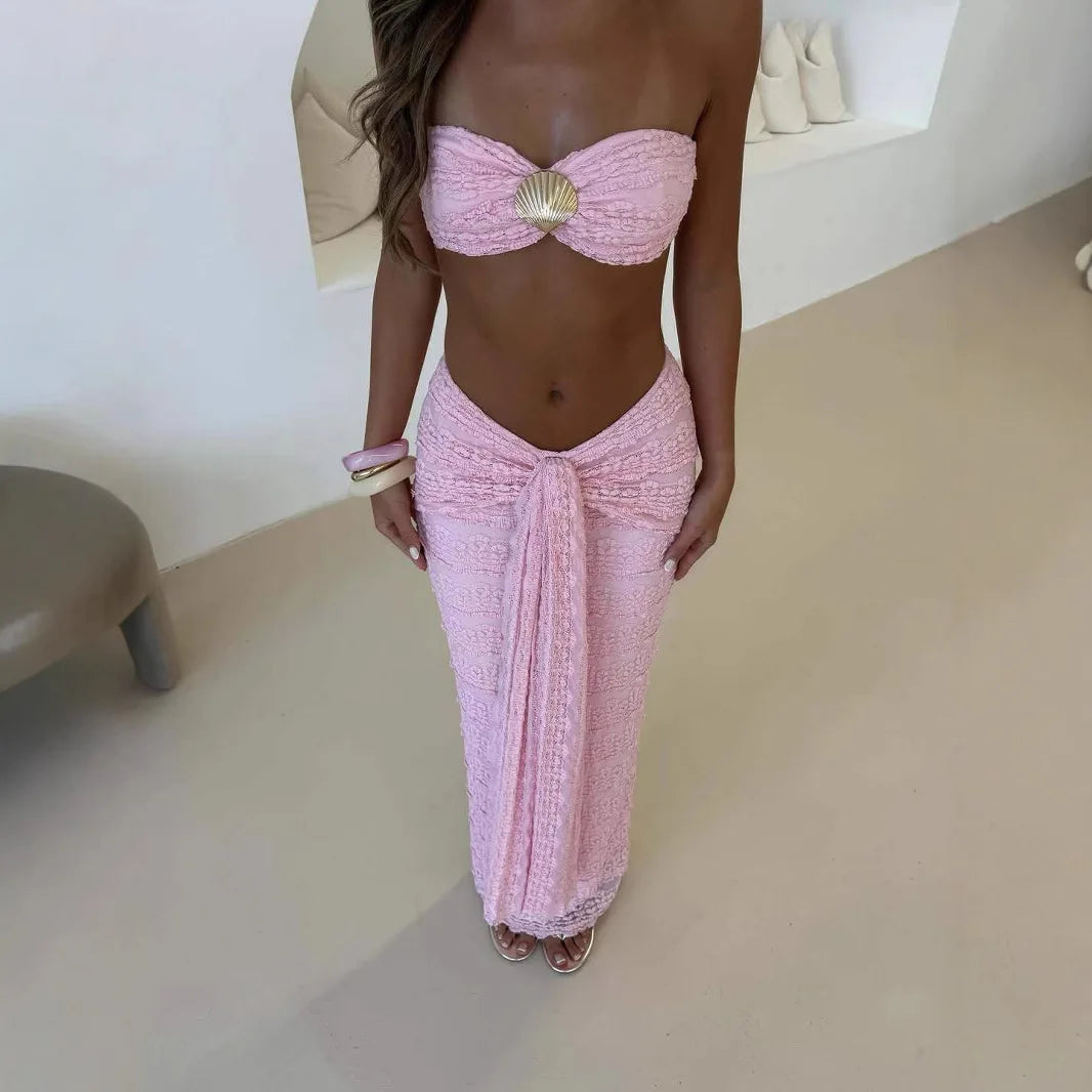 Solid Color Casual Trendy Lace Set